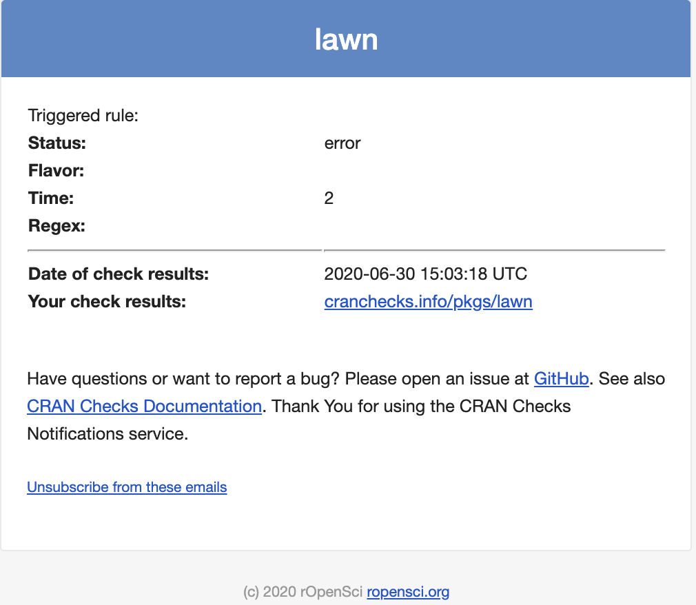 An example email users get from the CRAN checks API notifications service, including the rule triggered and link to check results.
